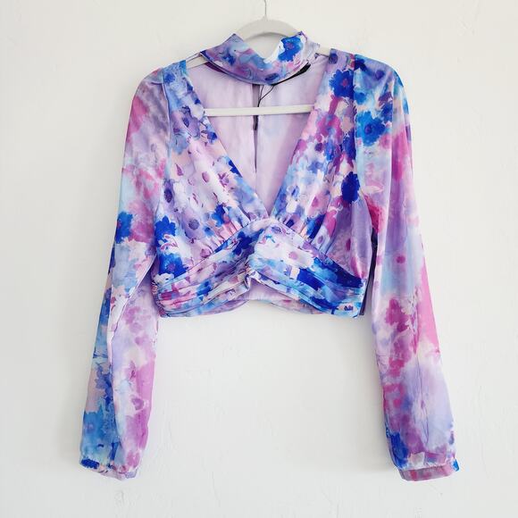 Zara Purple & Blue Floral Long Sleeve V-neck Top Choker Collar Size Large - Picture 5 of 10